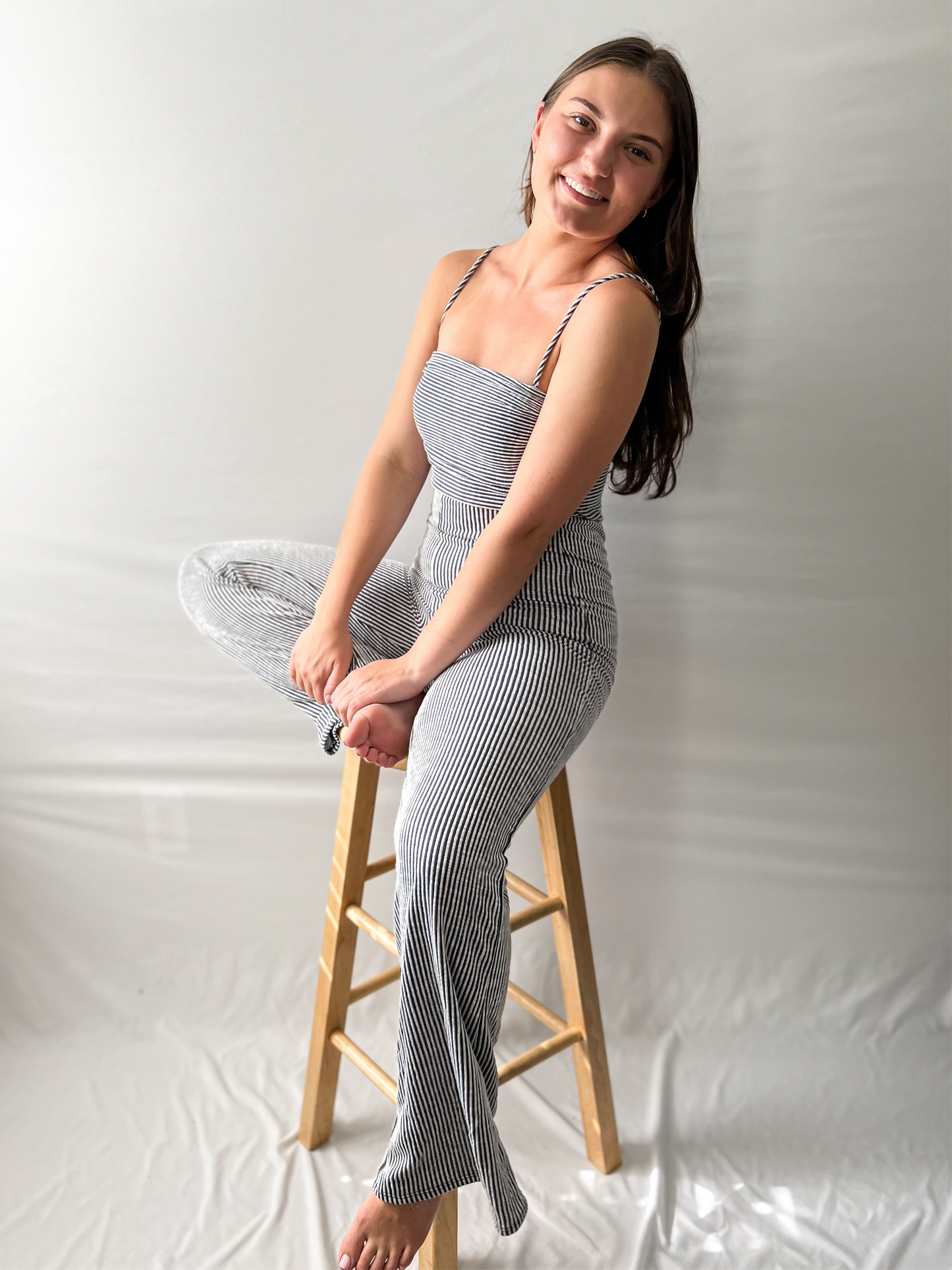 navy striped jumpsuit