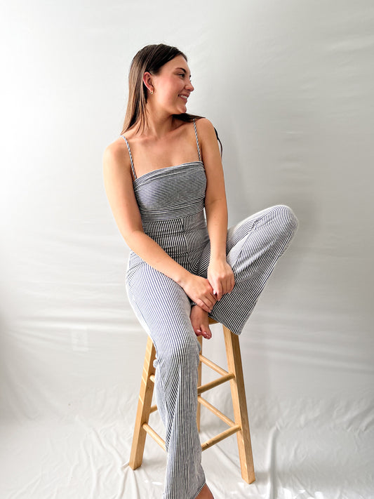 navy striped jumpsuit