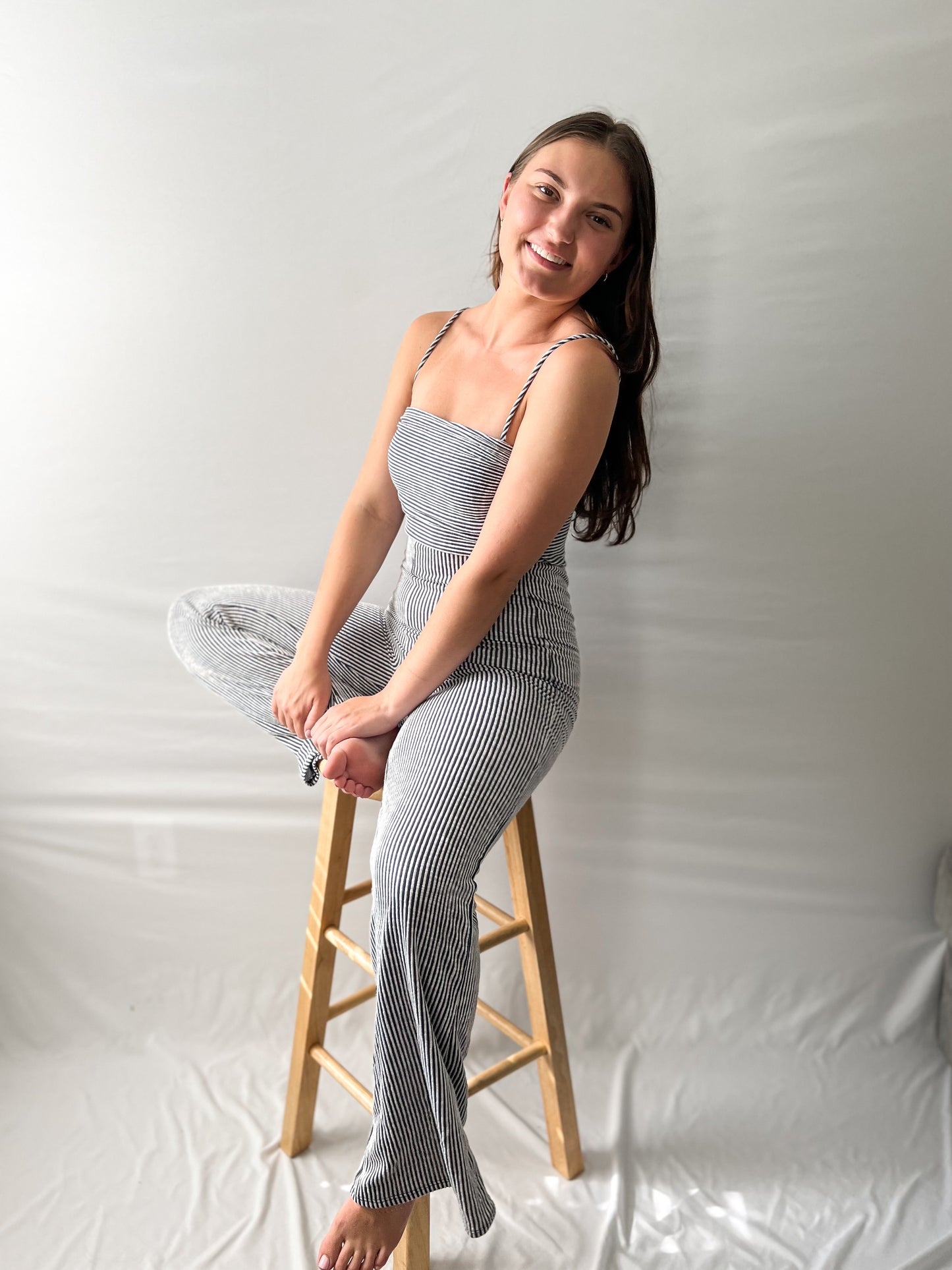 navy striped jumpsuit